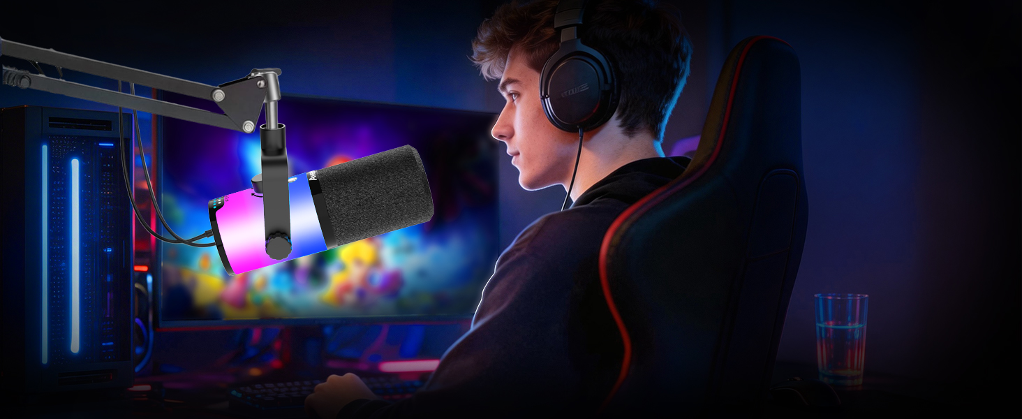 Мікрофон Aveek USB/XLR динамічний з тримачем, з функцією Mute, шумозаглушенням та RGB підсвіткою для ПК, стрімінгу, подкастів та запису