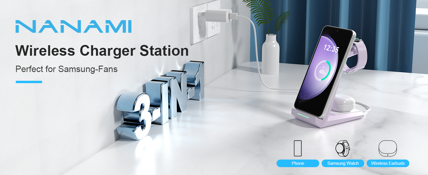 Зарядна станція NANAMI 3-в-1 для Samsung Galaxy Watch, Buds та смартфонів (S25, S24, S23) - бездротова, індукційна, фіолетова