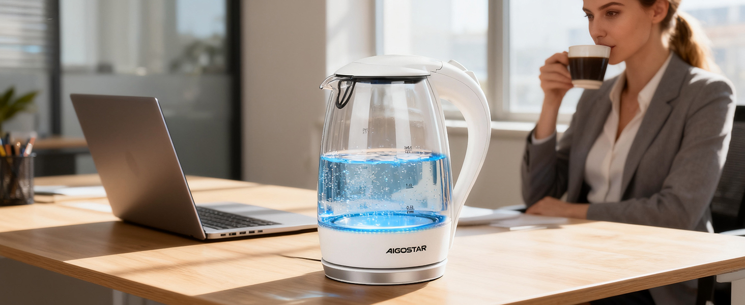 Електричний чайник Aigostar 1.7 л, 2200 Вт, зі скляною колбою, LED-підсвічуванням, без BPA, з фільтром від накипу, чорний (Eve)