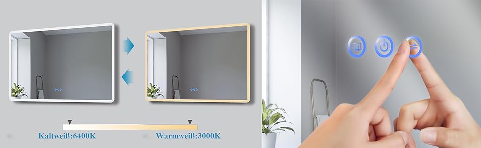 Дзеркало для ванної кімнати AQUABATOS з підсвічуванням 100x70 см LED, антизапарник, сенсорне управління, 3 кольори світла, регулювання яскравості, для настінної установки