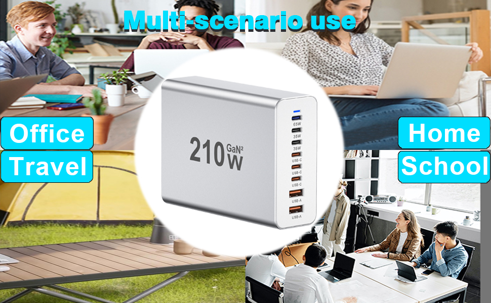 Зарядний пристрій USB-C 210W, багатопортовий (6x USB-C + 2x USB-A) PD 3.0 для iPhone, MacBook, Samsung Galaxy, планшетів - сріблястий