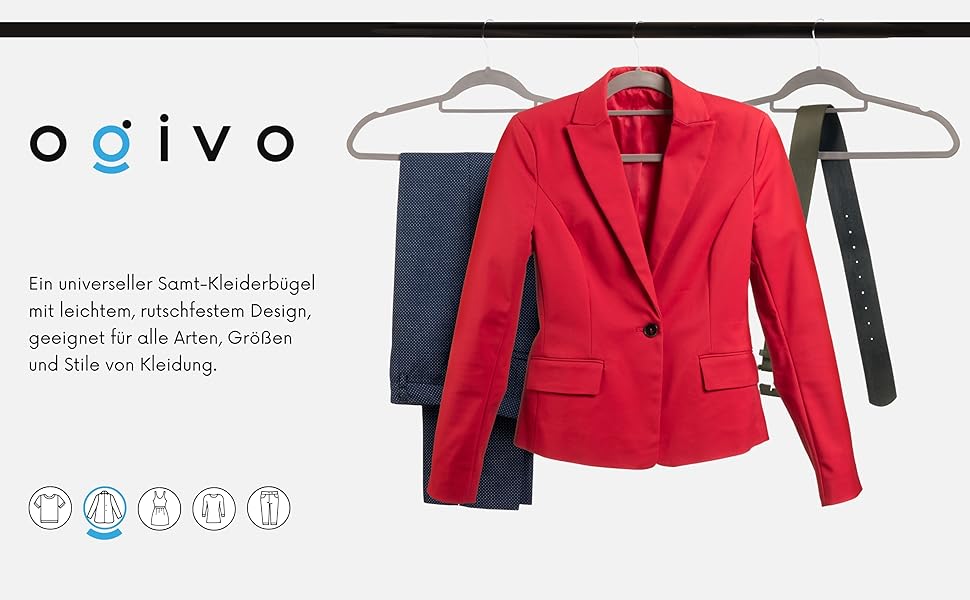 Плечики для одягу OGIVO, набір з 20 шт., сірі - антиковзаючі, для краваток, з поворотним гачком, з вирізами для плечей