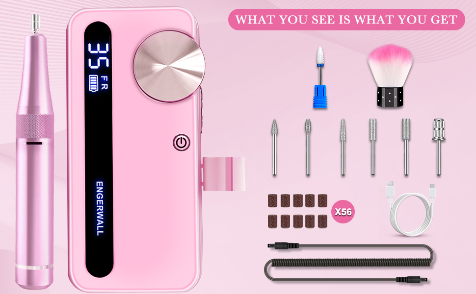 Професійний фрезер для нігтів ENGERWALL 35000 об/хв, електричний, для гелю та акрилу, бездротовий, манікюрний набір з 7 насадками та 56 шліфувальними стрічками, темно-срібний (портативний, акумуляторний, рожевий)