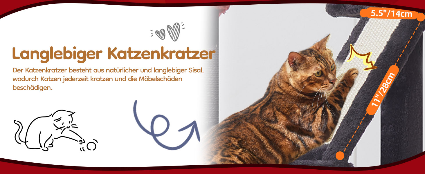 Драбина для котів Taoqimiao Klein, 98 см, з будиночком, корзиною, 4 стовпчиками для шліфування та іграшками, MS029SW (Чорний + Червоний)