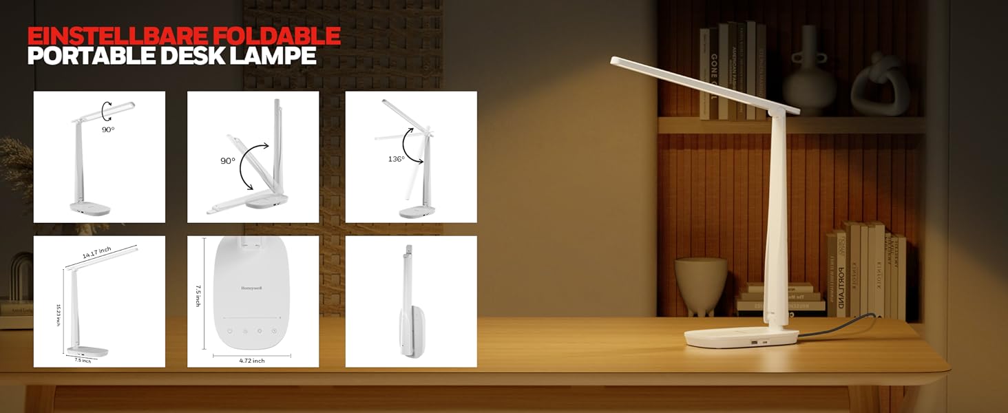 Лампа настільна Honeywell Sunturalux™ H2 LED з регулюванням яскравості, USB-зарядка, сенсорне керування, 4 кольори, захист очей, для дітей, спальні, читання, офісу