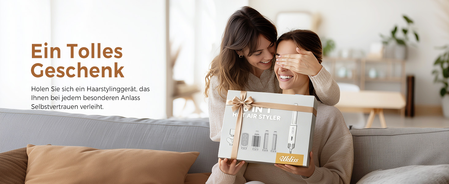 Мультистайлер для волосся 6 в 1 UKLISS Air Styler Set з дифузором, фен-щітка та вирівнювач для волосся, 1000 Вт, LCD-дисплей, Gold Blau