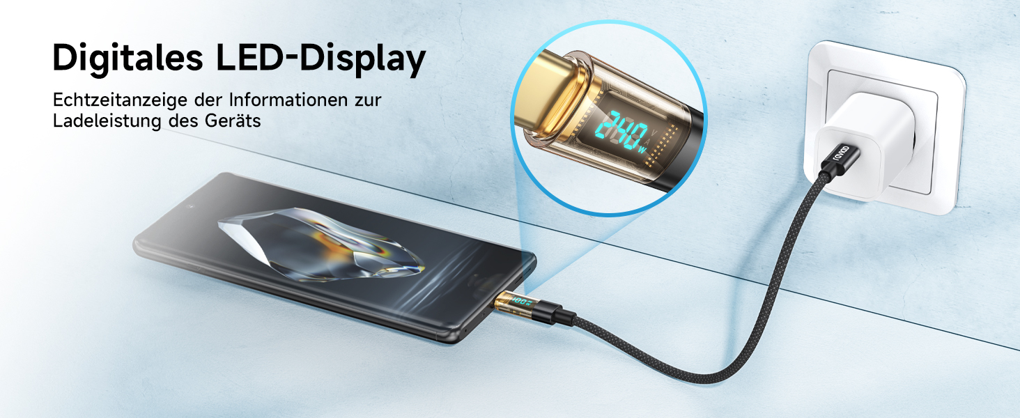 Кабель USB-C RAVIAD: Швидка зарядка PD3.1, нейлон, 0.5м, 240W, чорний. Сумісний з iPhone, Galaxy, Pixel, iPad, MacBookAir