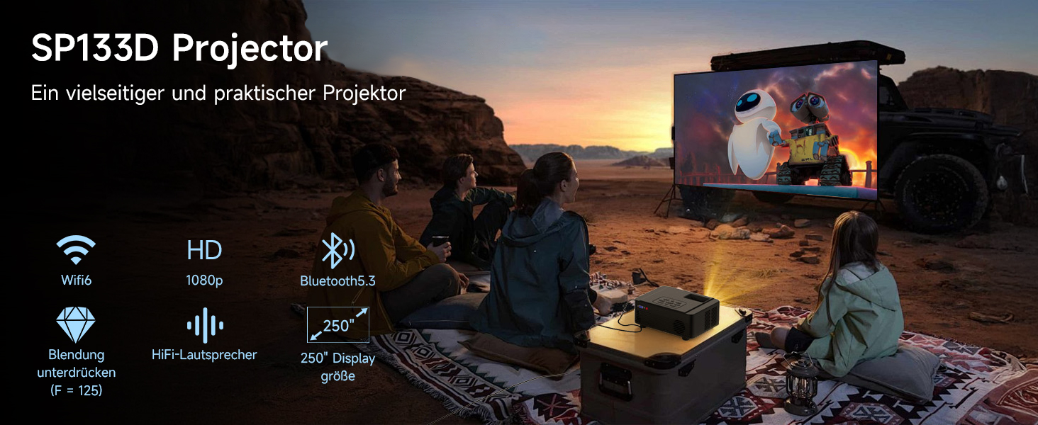 Проектор SCREENMAX для дому та вулиці, 1080P, WiFi 6, Bluetooth 5.3, 50% Zoom, HDMI/AV/Laptop/iPhone, Чорний