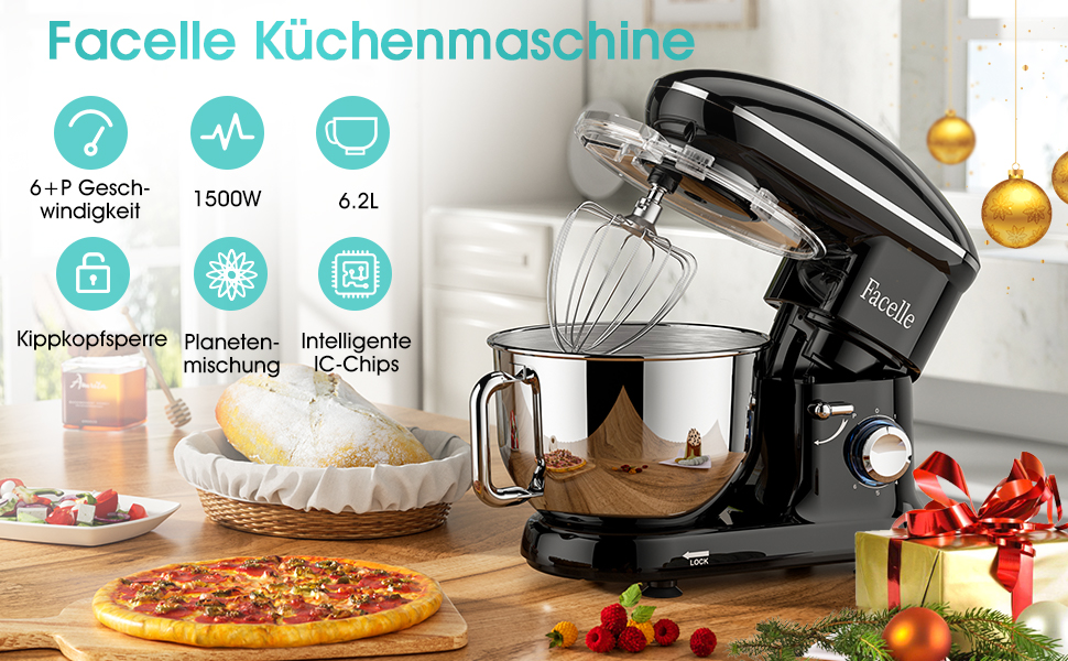 Кухонна машина Facelle 1500W з нержавіючою чашею 6.2л, 6 швидкостей, комплект насадок (чорна)