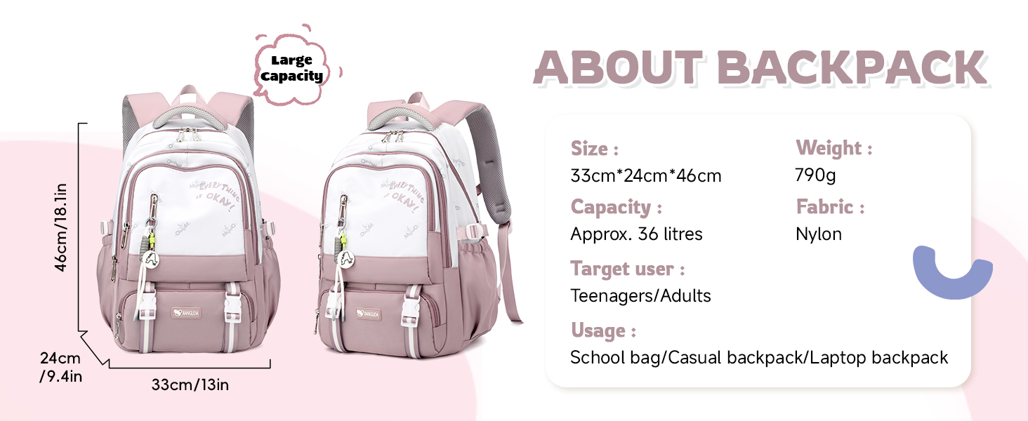 Шкільний рюкзак для підлітка, 36L, для дівчаток 3-9 клас, великий стильний рюкзак для ноутбука 16 дюймів, чорний, підходить для візка