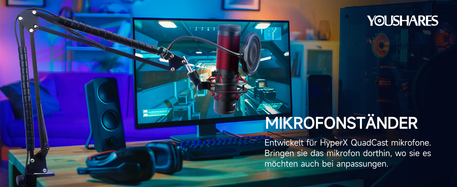 Кріплення для мікрофону HyperX QuadCast з поп-фільтром та універсальним кріпленням, сумісне з QuadCast S, Fifine AM8, Blue Yeti, Razer Seiren Mini V3, YOUSHARES - для мікрофонів з різьбою 3/8' та 5/8'