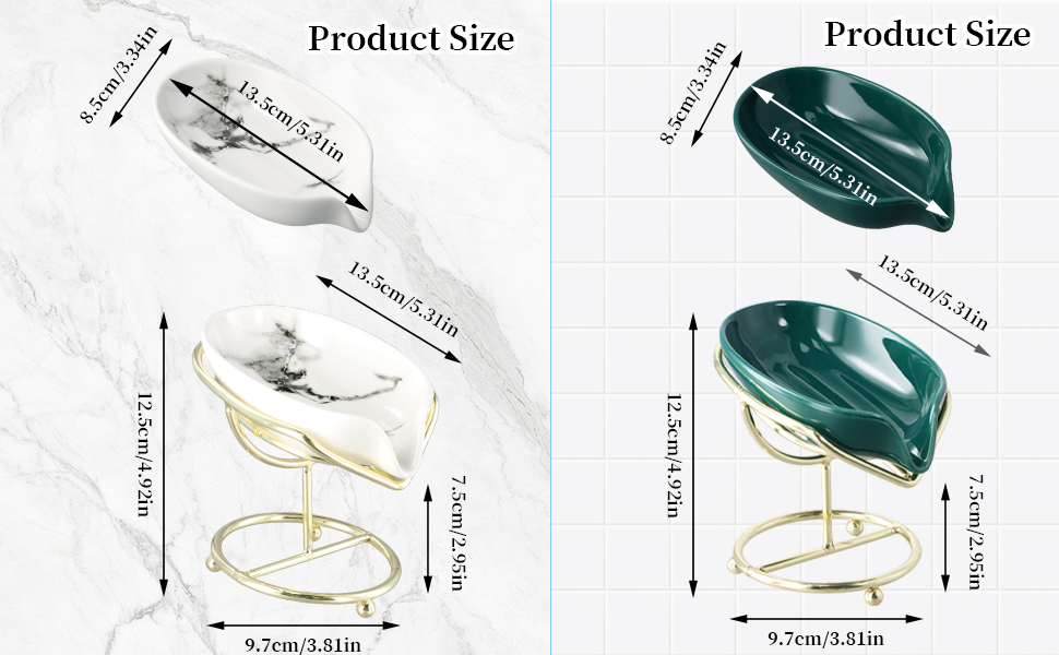 Набір з 2 мисок для мила з отвором, 13,5x8,5 см, кераміка, самостійний злив, у формі листка, білий, зелений
