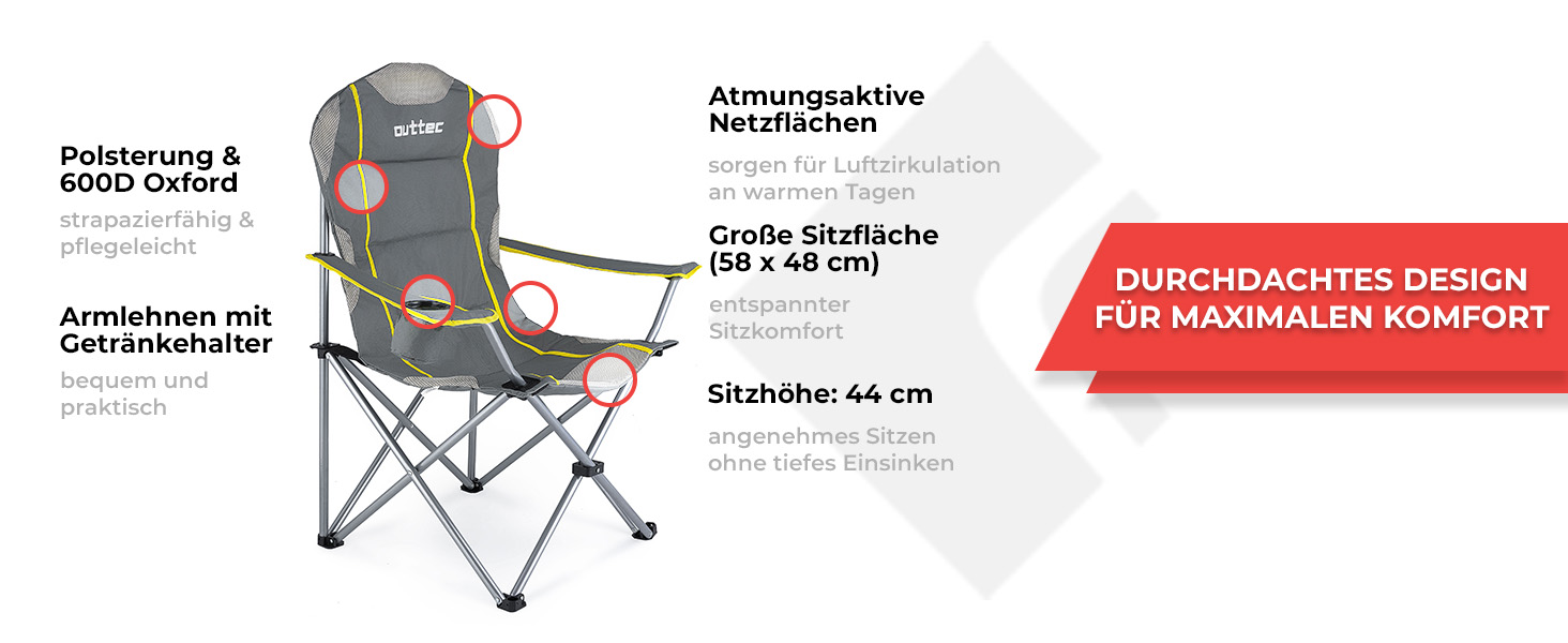 Крісло для кемпінгу Outtec: складне, до 130 кг, з високою спинкою, з підстаканником та сумкою, сіре