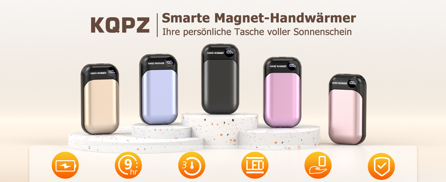 Електричний грілка для рук 2-в-1 з магнітом, 6000mAh, LED-дисплеєм, швидкий нагрів, до 9 годин роботи, для спорту, гольфу, кемпінгу, чорний