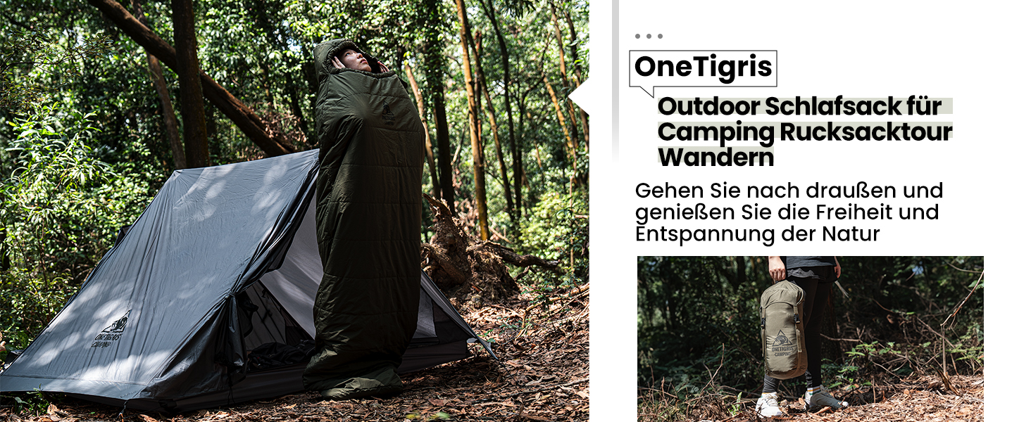 Сплячий мішок OneTigris для кемпінгу та подорожей: компактний, ультралегкий, 3 сезони, температурний режим -15°C до 8°C, матеріал: м'який, кокон, зелений