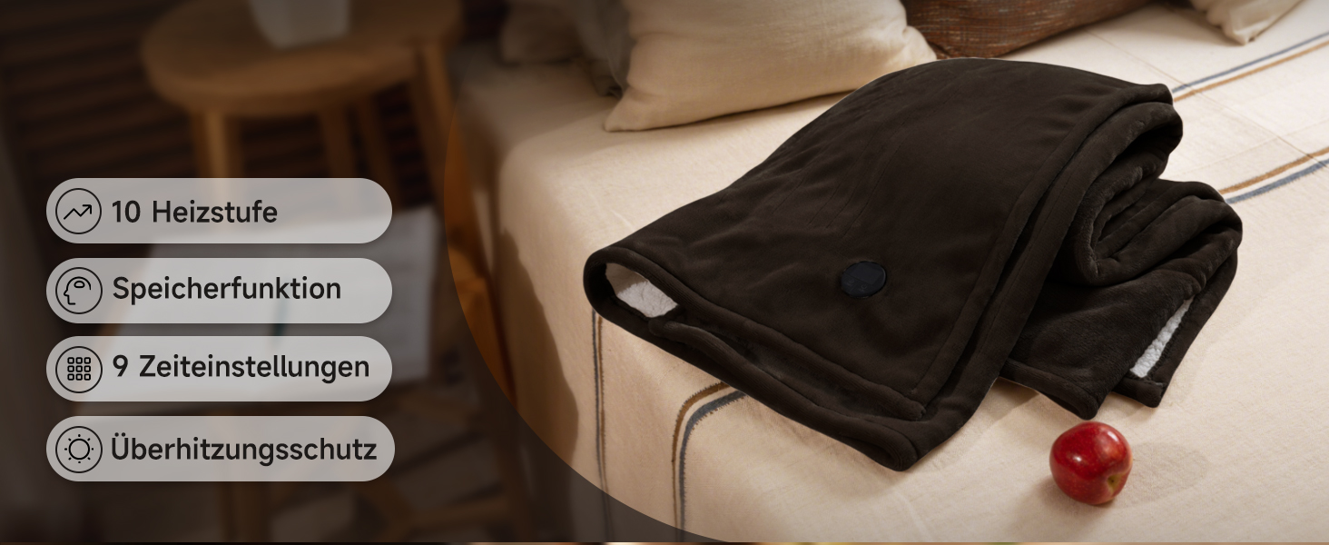 Електрична ковдра GOTCOZY 130x180 см з 10 режимами нагріву та таймером, коричнева, пральна