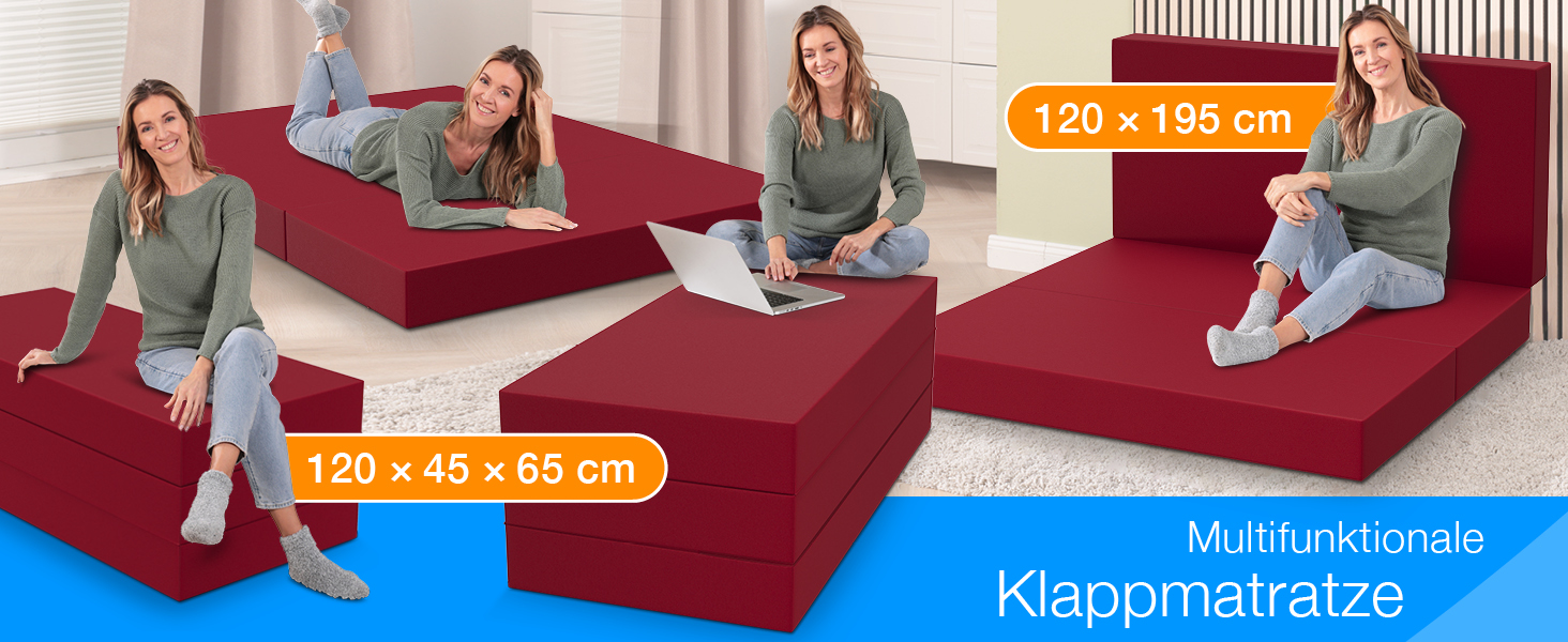 Складаний гостьовий матрац ELONEO 120x195x15 см, трисекційний, товстий пінополіуретан, червоний, знімний чохол, ортопедичний, для дорослих