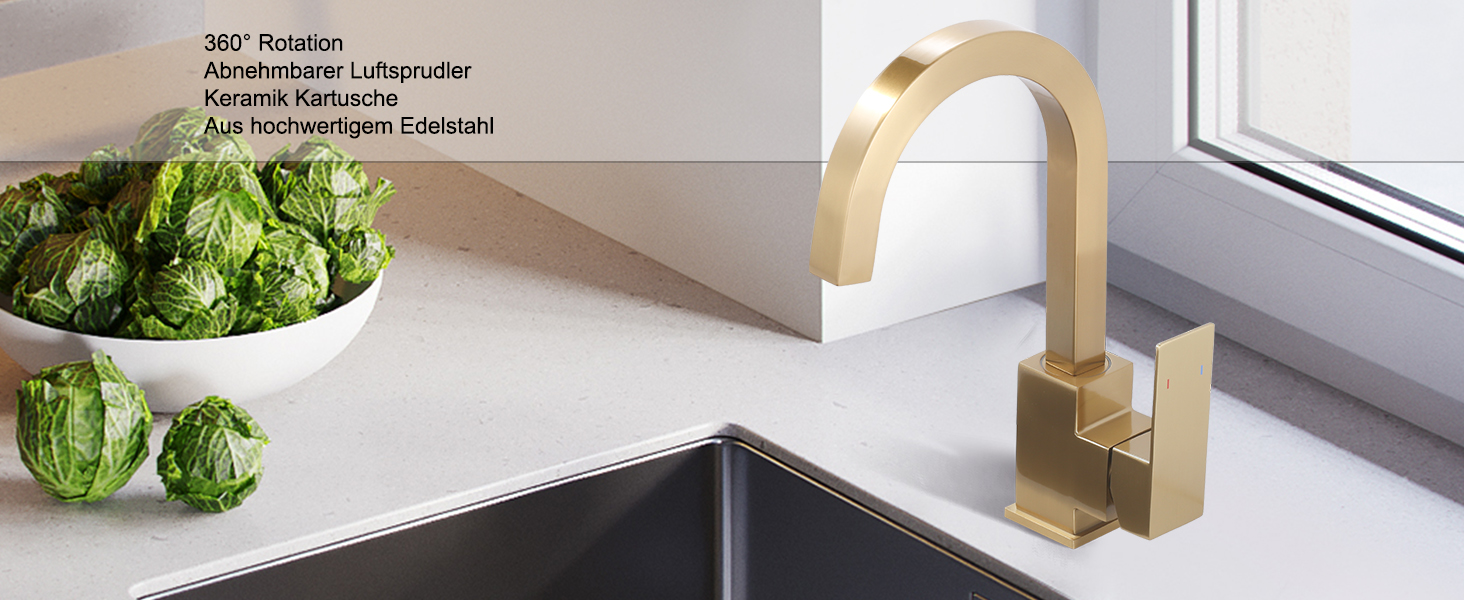 Кран кухонний поворотний 360°, з нержавіючої сталі, для кухні, вантажівки, ванної кімнати (B Gold)