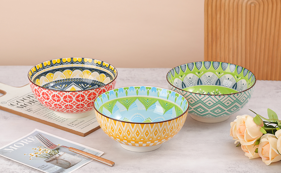 Набір салатників та супових мисок з порцеляни 3 шт. 1.45 л - 20 см, кольорові, для салату, супу, пасти, безпечні для мікрохвильовки та посудомийної машини