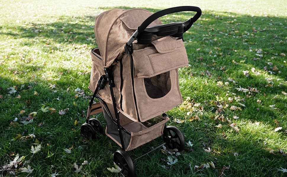 Візок для тварин Monster Shop з сумкою, знімний, складний, вантажопідйомність 15 кг, колеса, гальма, сітчасте вікно, кошик, тримач для напоїв, кишені та водовідштовхуючий дощовик (Бежевий)