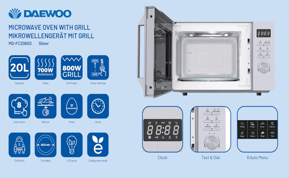 Мікрохвильова піч Daewoo MD-FC206SB 20L, 700W, з грилем, срібна