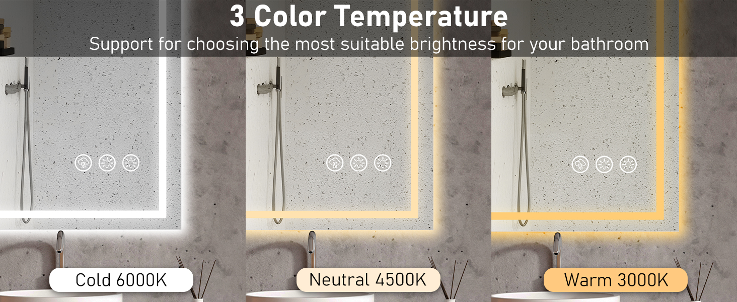 Дзеркало для ванної кімнати 50x70 см з LED-підсвічуванням, антизапарювання, диммування, 3 кольори світла