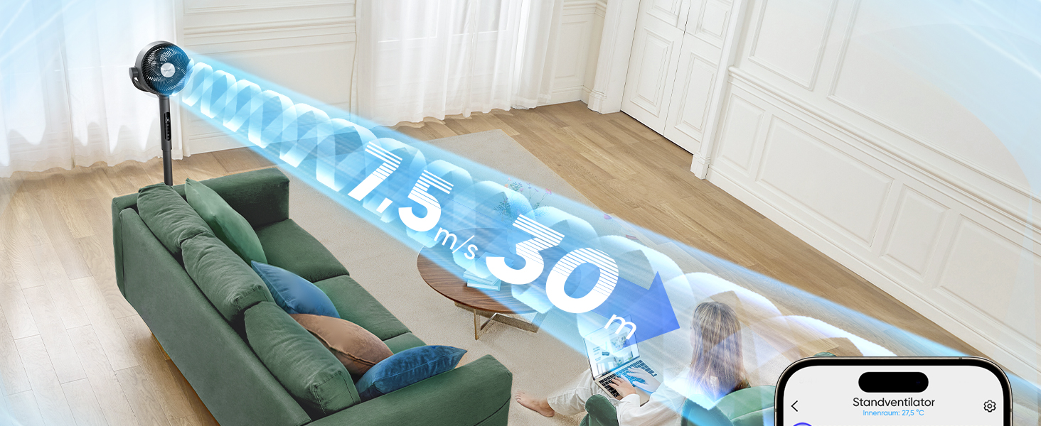 Вентилятор Levoit 20dB з керуванням через APP та Alexa, DC мотор, 30м, 4 режими, 12 швидкостей, таймер 12 годин, сірий, 110 см