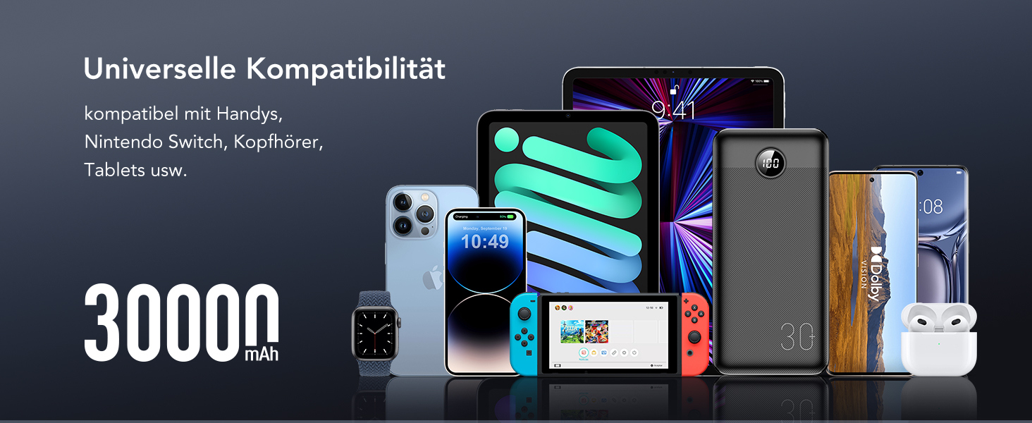 Power Bank VEGER 30000mAh 20W PD: Швидка зарядка, LED дисплей, 4 виходи, 2 входи, USB-C, сумісний з iPhone, iPad, планшетами