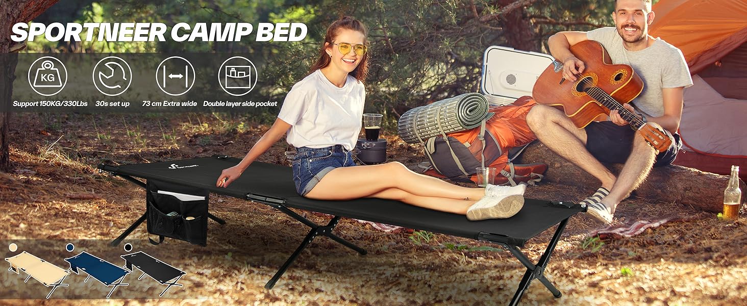 Розкладне ліжко Sportneer для кемпінгу та відпочинку на природі, 199x73 см, чорне