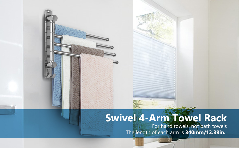 Підставка для рушників JSVER на 360° з нержавіючої сталі, з 4-ма кріпленнями, поворотна, на стіну, для ванної, кухні та гардеробу, срібна