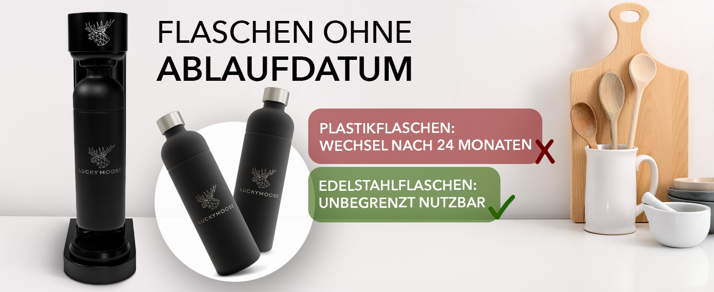 Газова машина Infinity з 2 пляшками по 1,25 л з нержавіючої сталі - економія до 25% CO2 завдяки автоматичній зупинці, пляшки придатні для миття в посудомийній машині та без терміну придатності. Чорний колір.