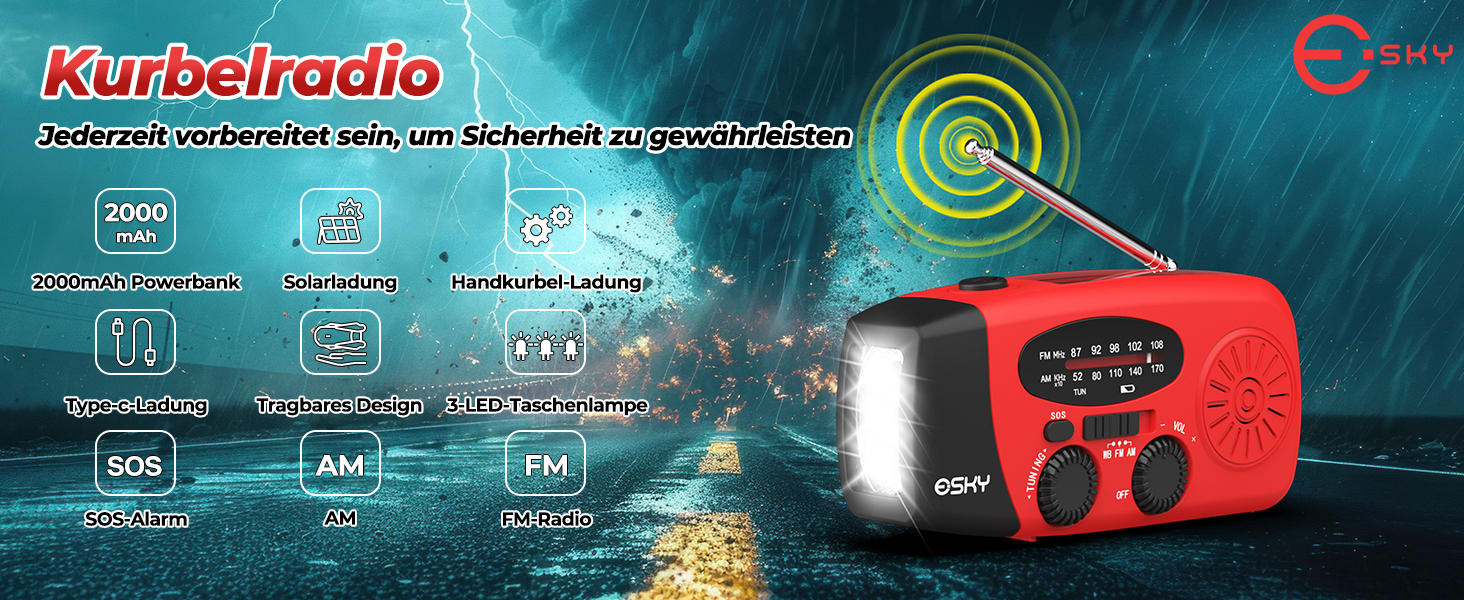 Радіо Esky Kurbelradio AM/FM водонепроникне, портативне з динамо-машиною, SOS-сигналом, Power Bank та LED-ліхтариком (червоне) - для походу, надзвичайних ситуацій