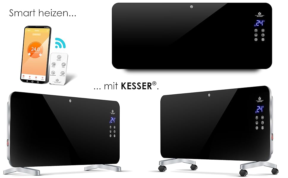Електрична скляна панельна батарея KESSER® з Wi-Fi, сенсорним екраном та пультом керування | 2000 Вт, білий/чорний | для дому та офісу