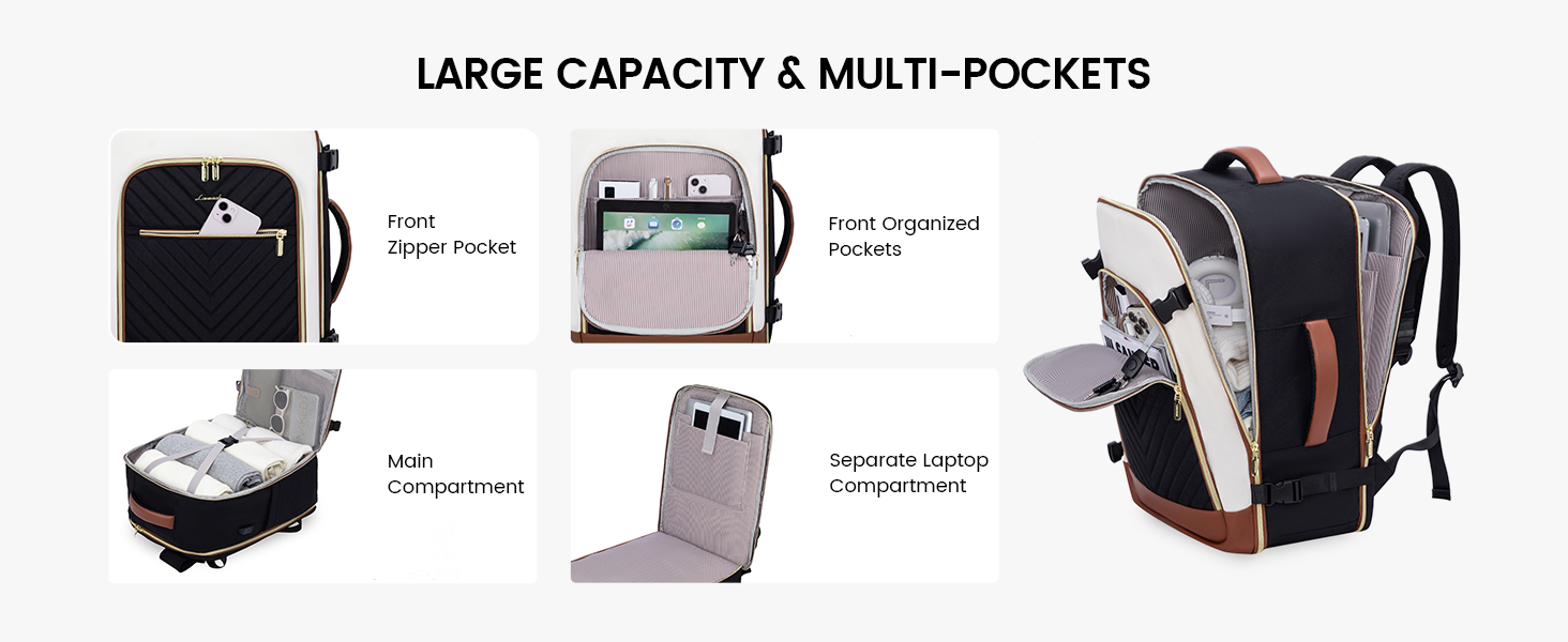 Рюкзак LOVEVOOK для жінок, 40L, ручна поклажа, для ноутбука, водонепроникний, рюкзак для подорожей, дамська сумка-мішок, 17.3 дюйми, сірий, білий, кавовий