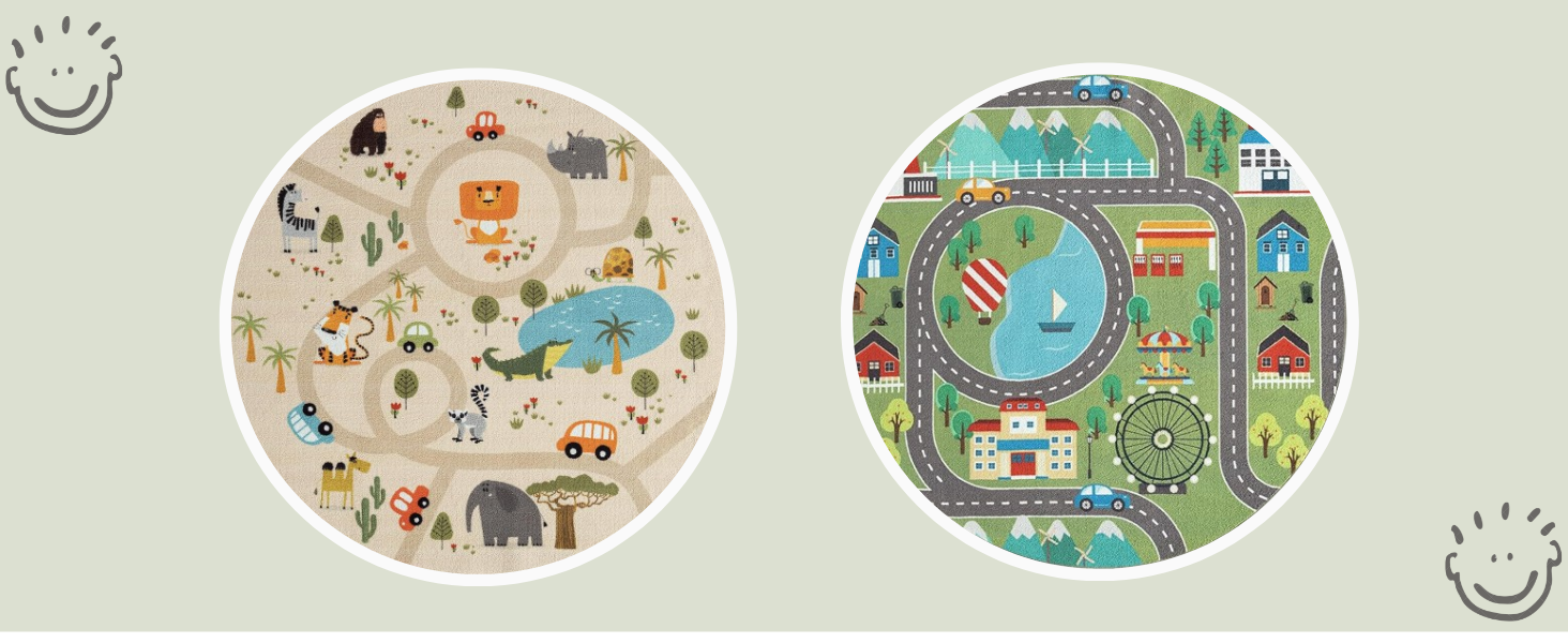 Дитячий килим Happy Life: ігровий килимок з малюнком дороги, джунглі, тварини та машинки, антиковзкий, бежевий 80x150 см
