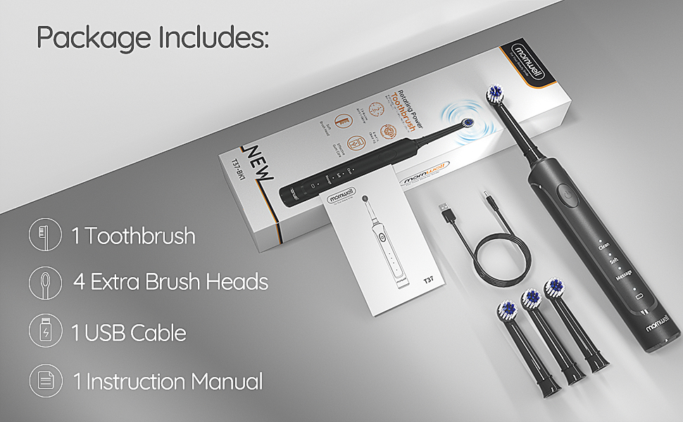 Електрична зубна щітка Mornwell ротаційна з 3 режимами, USB зарядка, 4 насадки, для дорослих та дітей (Чорна)