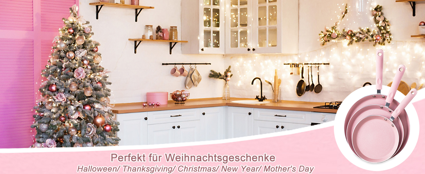 Набір сковорідок Maxspace 3 шт. з антипригарним покриттям, 18, 22, 26 см, для всіх типів плит, рожевий