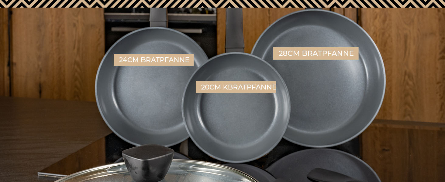 Набір сковорідок Be Living Delight 4 шт. (20/24/28 см + Вок 28 см з кришкою), антипригарне покриття кераміка, для індукційних плит, без PTFE та PFOA, чорний