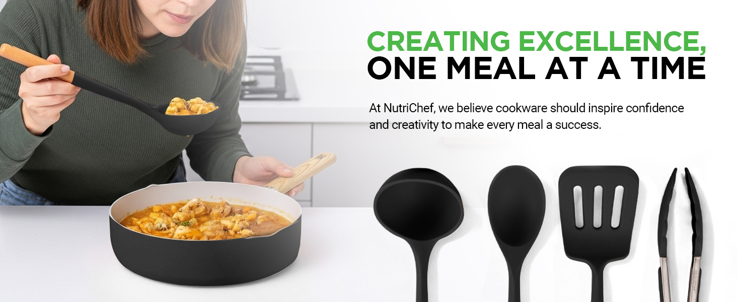 Набір посуду NutriChef 14 предметів для індукції: антипригарне керамічне покриття, знімні ручки, скляні кришки, компактне зберігання, рівномірний нагрів (чорний)