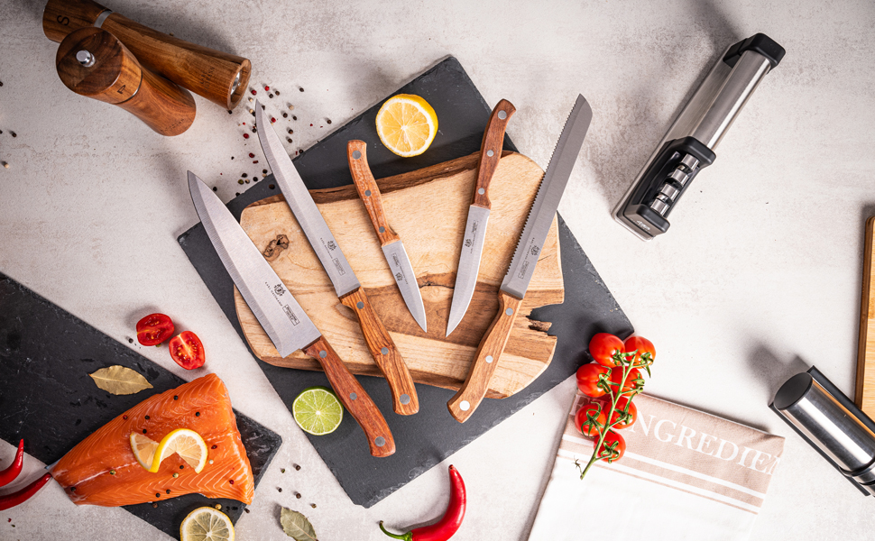 Набір ножів Karl Hausmann 5 предметів: ніжний блок, кухонні ножі з нержавіючої сталі, блок для ножів з пластику та щетиною