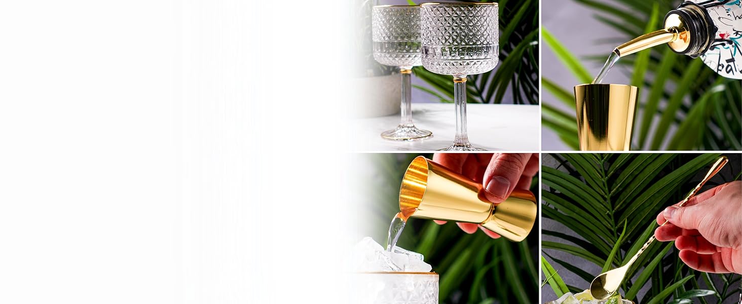 Набір келихів для джину Vemacity Luxuriöses Gin Gläser 2er Set: 2 келихи з золотими деталями (450 мл), ложка, мірний стакан, E-book з рецептами. Чудовий подарунковий набір.