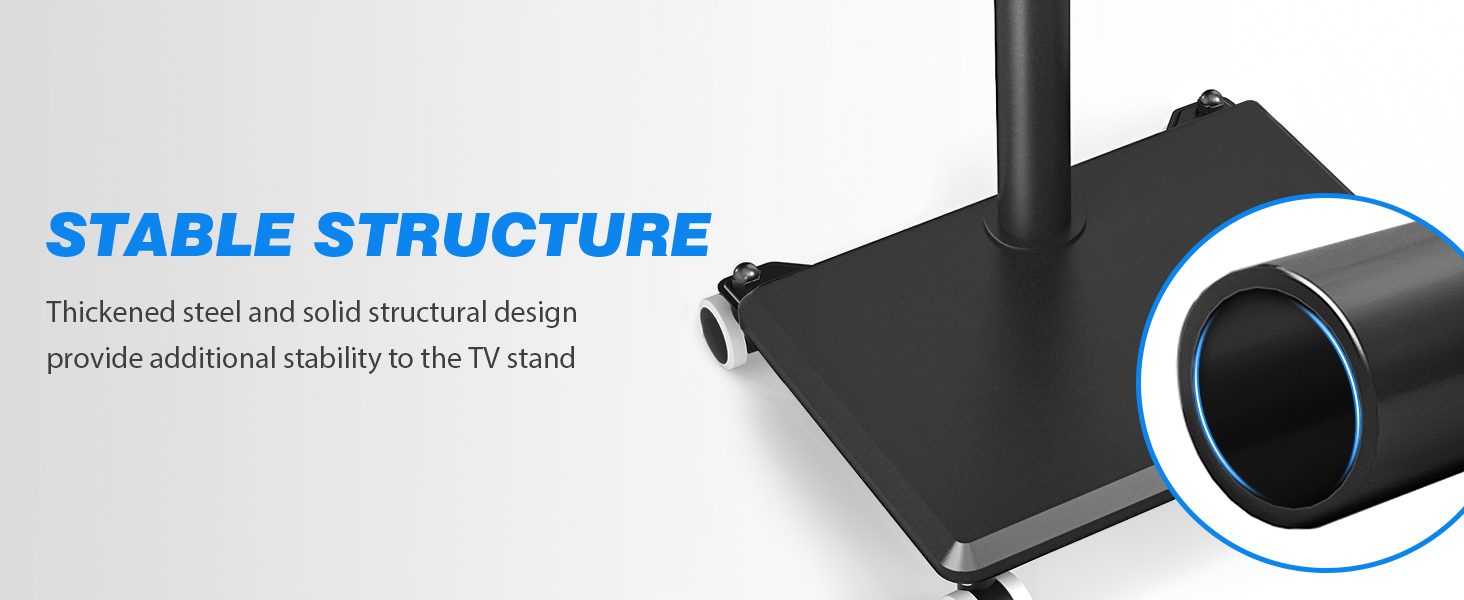 Мобільна підставка для телевізора з поличкою 27-60 дюймів, чорна. Регульована висота, поворотний механізм, VESA 400x400, до 40 кг