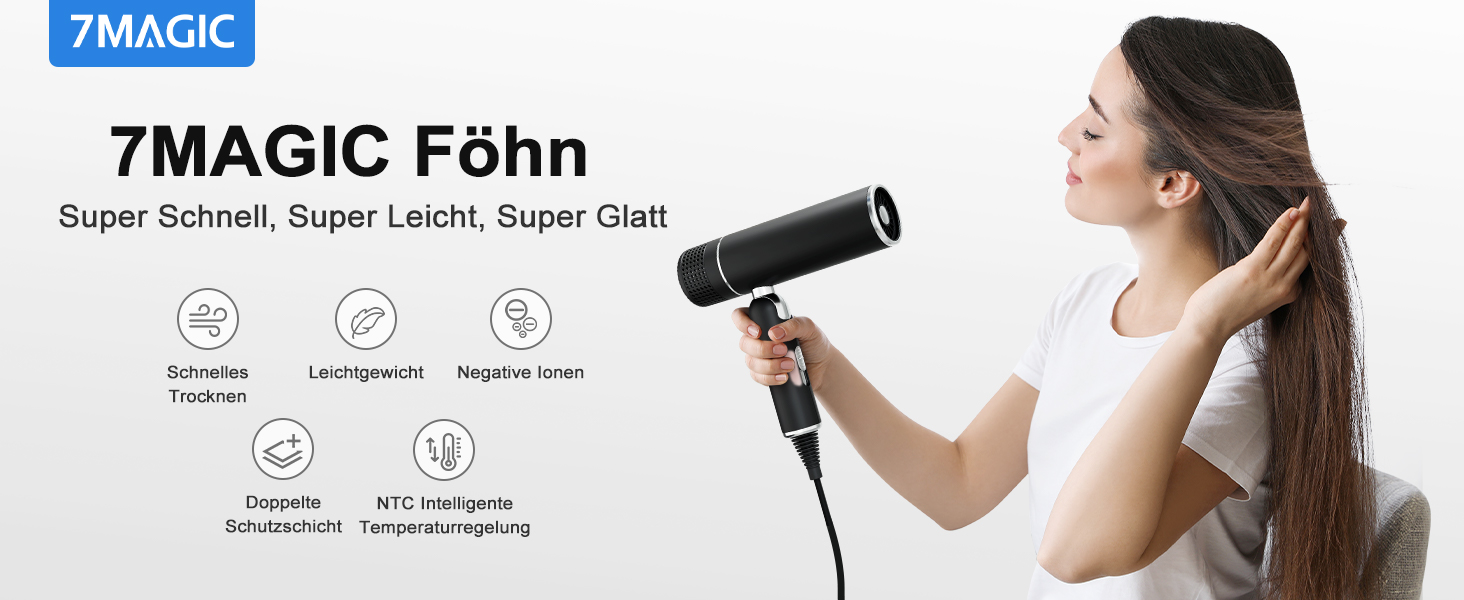 Фен для волосся 7MAGIC з концентратором, компактний туристичний, 1600W, захист від перегріву, іонізація 300 млн., для всіх типів волосся, зелено-чорний