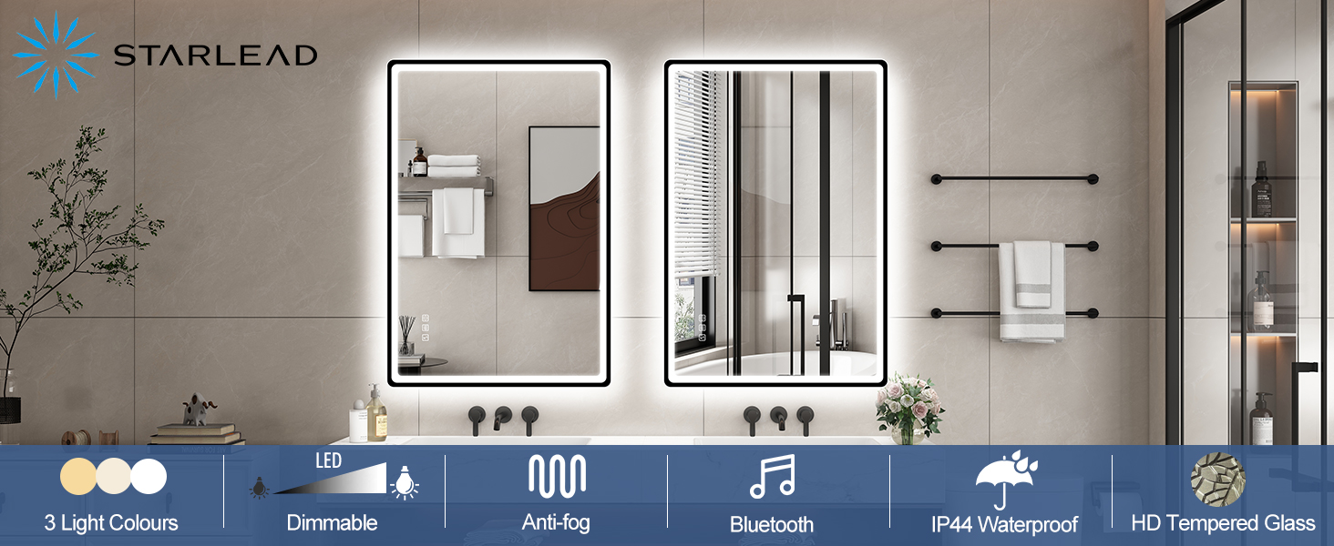 Дзеркало для ванної кімнати зі світлодіодним підсвічуванням STARLEAD 80x60 см, Bluetooth, протитуманне, регульоване, 3 кольори світла, HD скло, IP44, горизонтальне/вертикальне