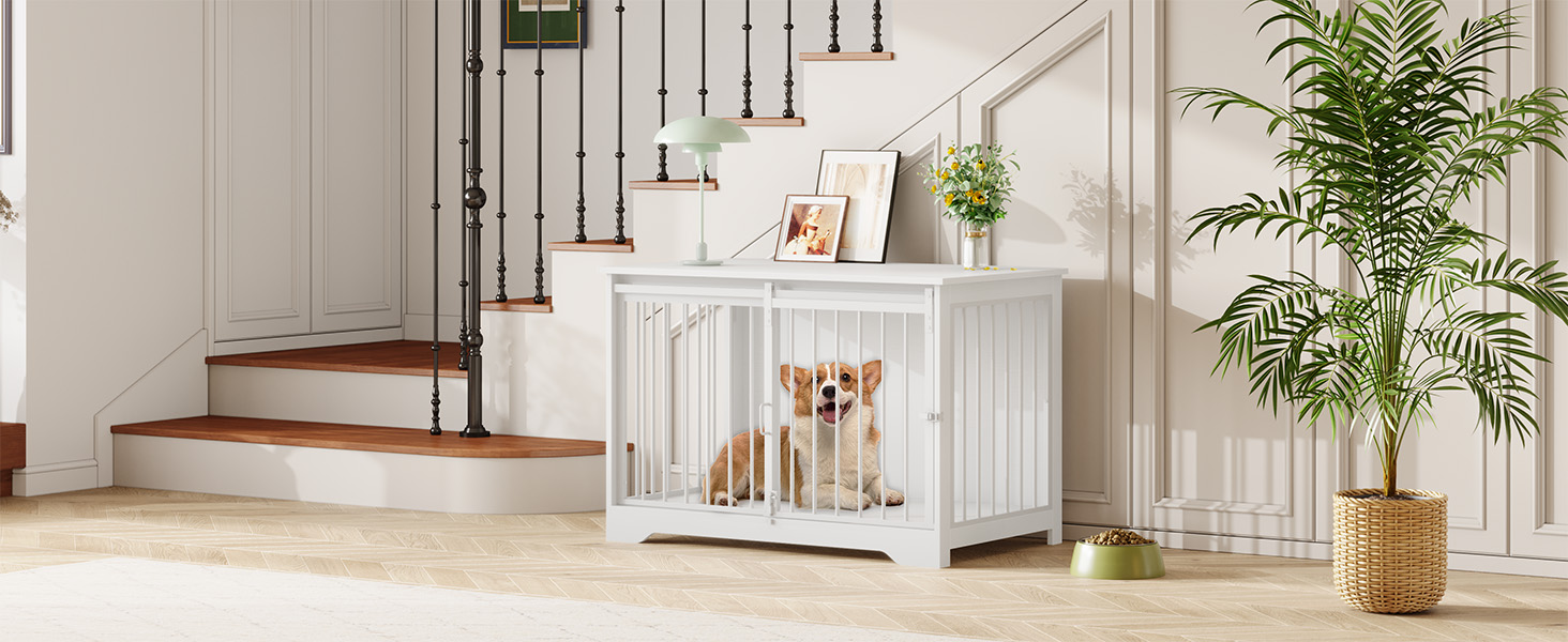 Клітка для собак Hzuaneri, 100 см, з розсувними дверима, дерев'яна, для дому, 100 x 60 x 68 см, білий колір