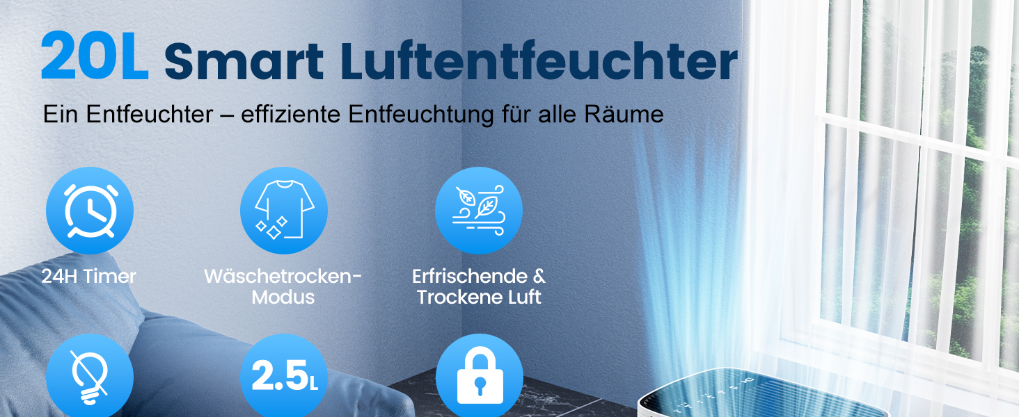 Електричний осушувач повітря 20 л/день з LED-дисплеєм, таймером та функцією відтавання, для квартир, ванних кімнат та підвалів