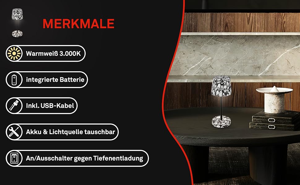 LED настільна лампа BRILONER з бездротовим живленням, регульована яскравість, сенсорне управління, для дому та кемпінгу, з дизайном черепів, Ø105x260 мм