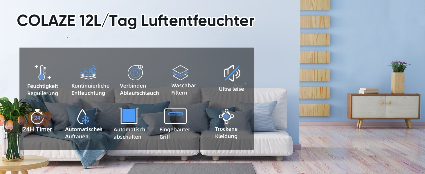 Електричний осушувач повітря COLAZE 12л/24г з автоматичною відтайкою, датчиком рівня води та низьким рівнем шуму (36дБ) для квартири, підвалу (повітряний вихід зверху)