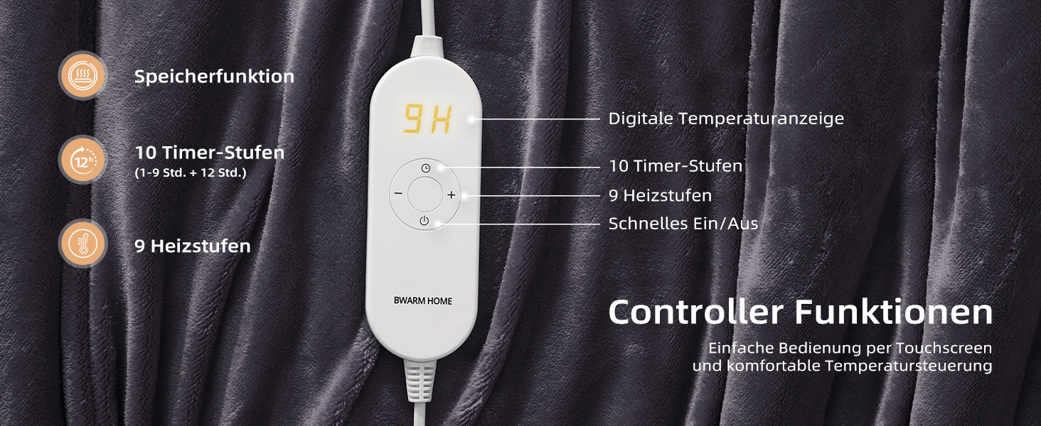 Електрична гріюча ковдра 130x180 см з таймером та захистом від перегріву, 9 режимів нагріву, функція пам'яті, фланель, для спальні, офісу