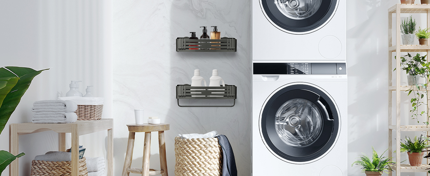 Поличка для душу Lekesky без свердління, кутова, з міцними присосками, алюміній, нержавіюча сталь, знімна, для ванної кімнати, кухні, орендованого житла (2 шт., сірий gunmetal з тримачем для рушників, прямокутна)